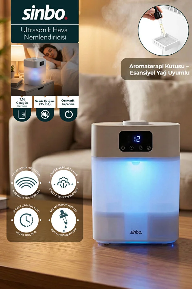 5.5L Ultrasonik Hava Nemlendirici 7 Modlu Gece Lambası Saat Ayarlı ve Sessiz Çalışma